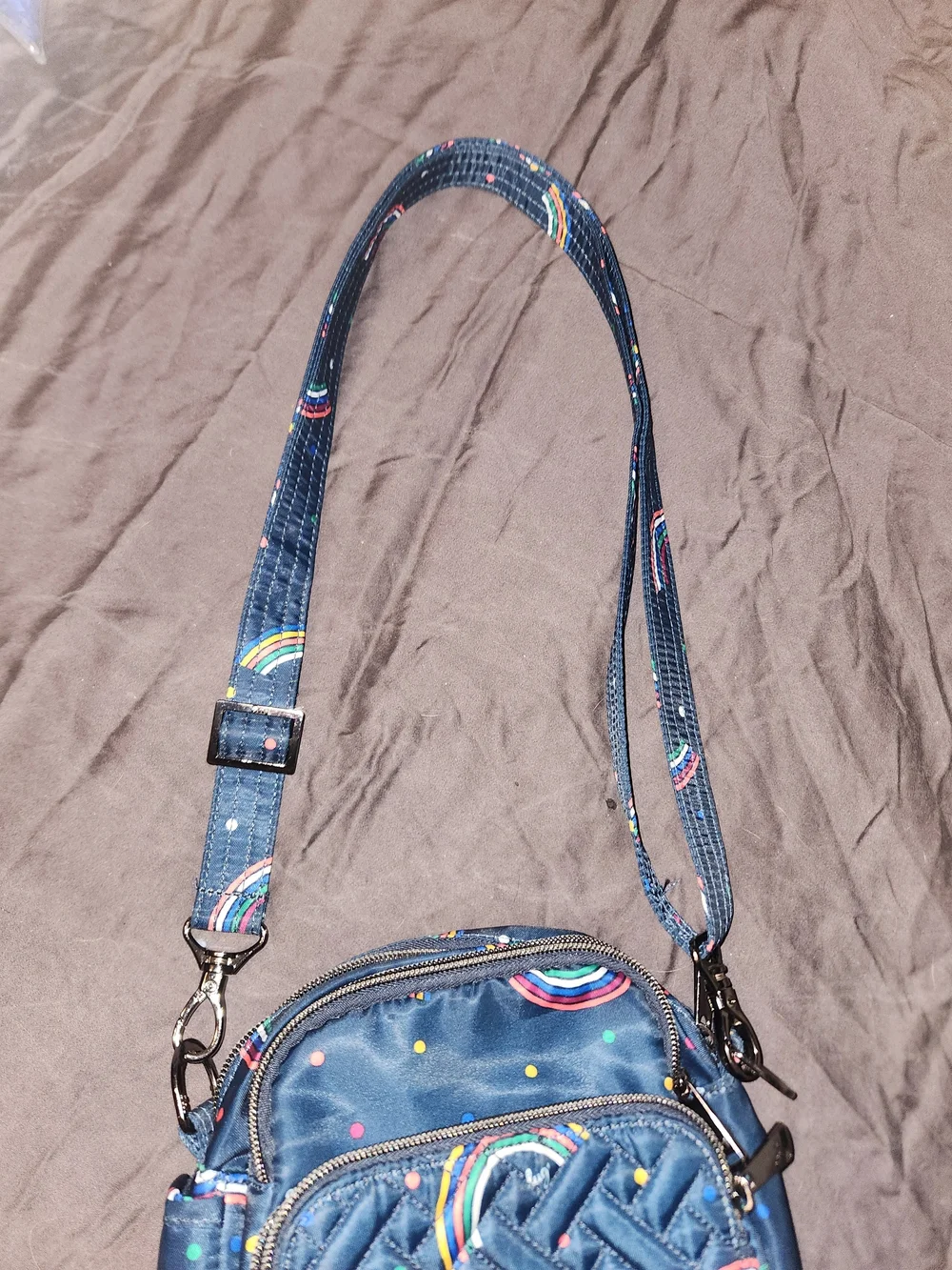 lug Can Can Navy Quilted Crossbody Bag with Rainbow Print